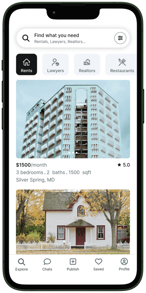 Hulum discovery screen showing rentals and local service categories