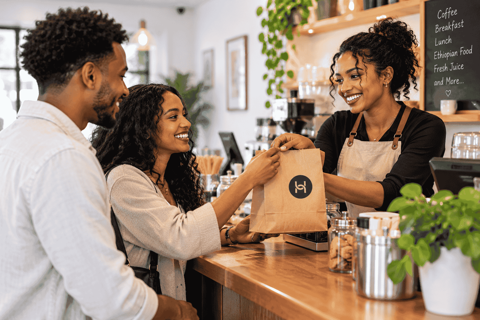 A local café owner welcoming two customers and handing them a takeaway bag